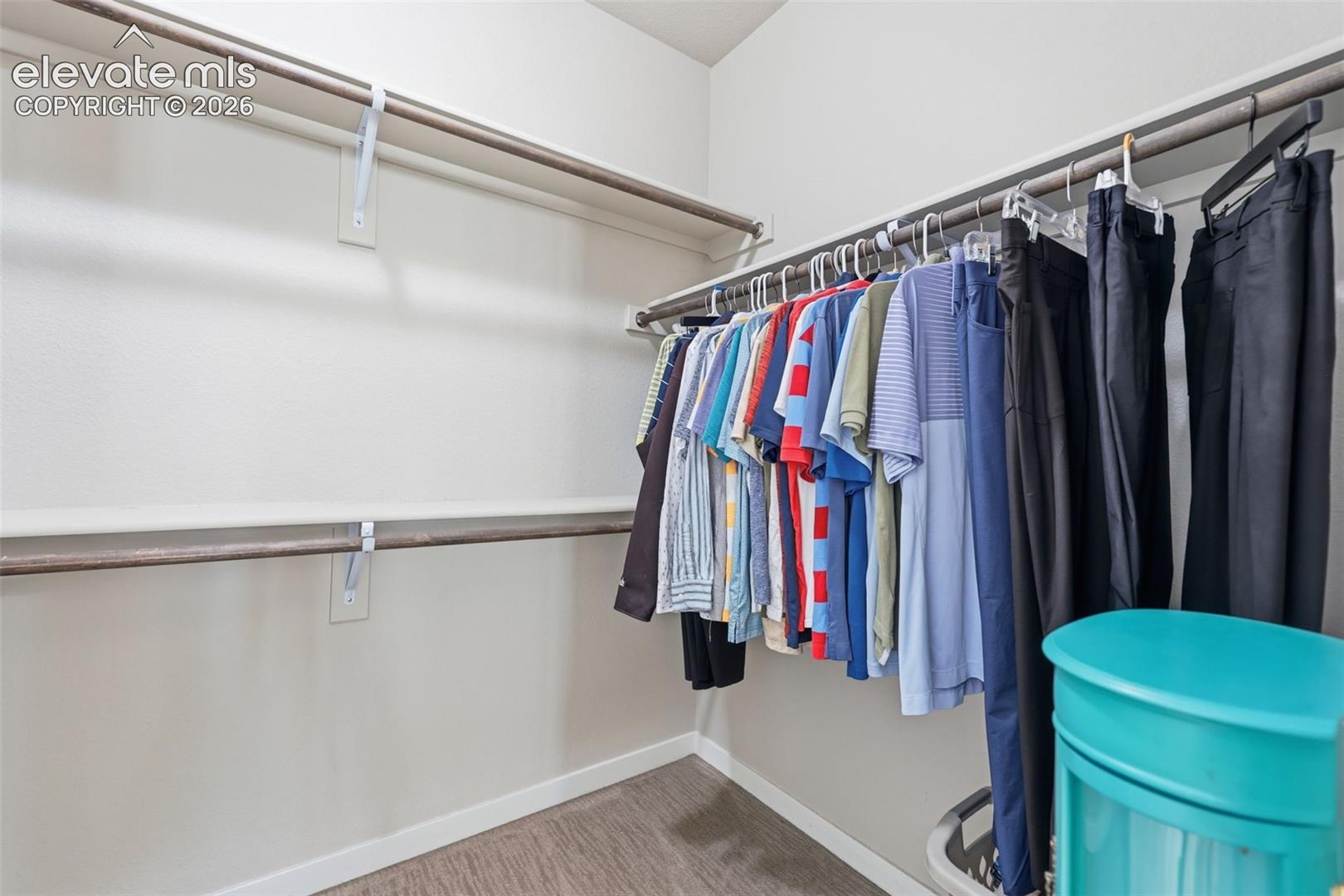 Walk-in closet featuring built-in hanging rods and shelving.