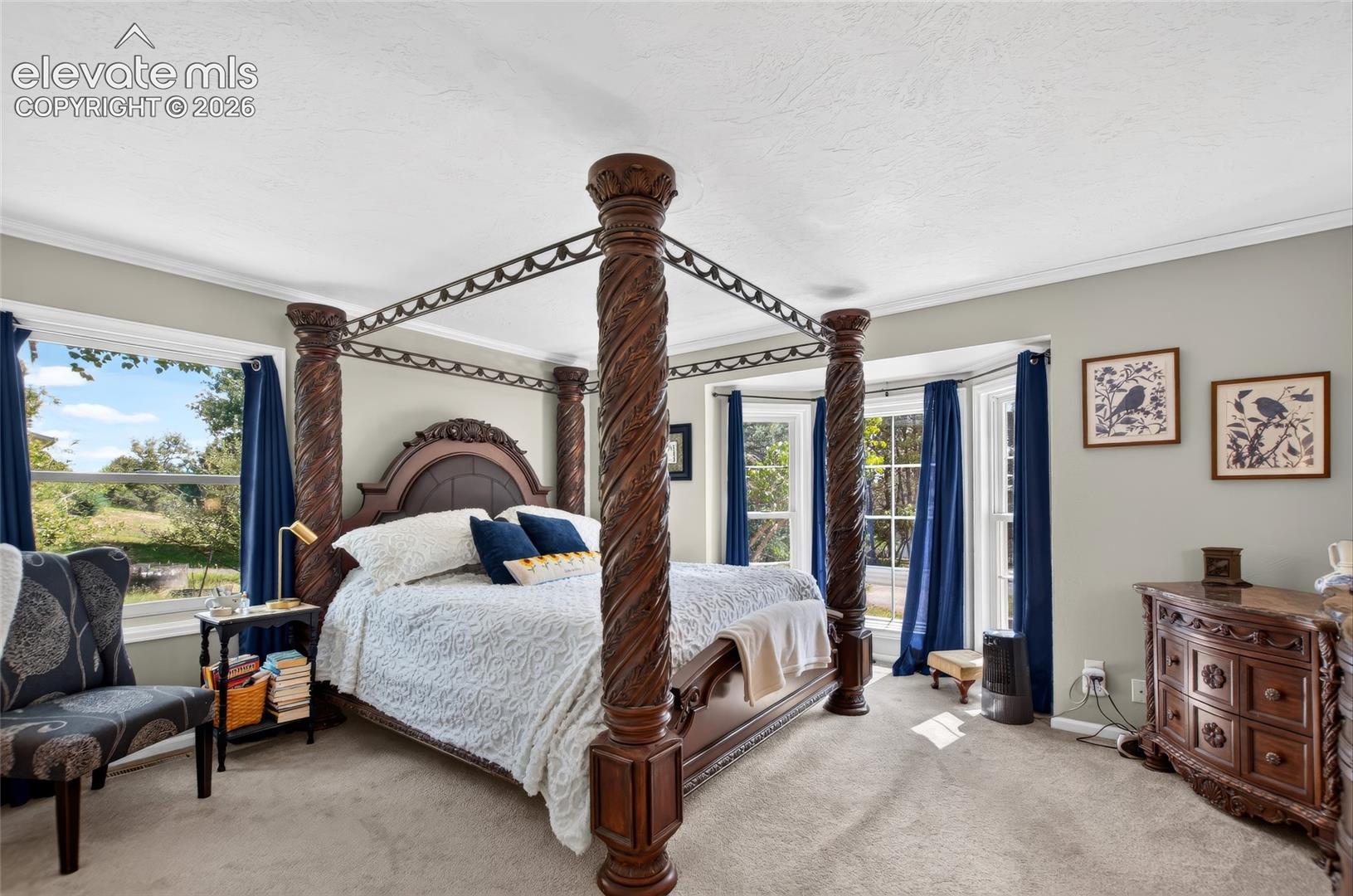 Expansive room featuring light-colored carpeting, multiple windows, and a bay window area