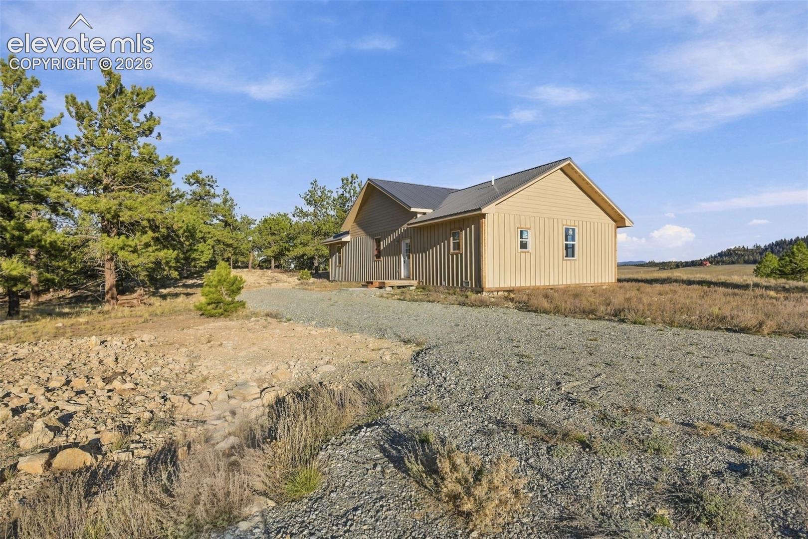 Exterior featuring vertical siding, metal roofing, and a gravel driveway situated on a lot with mature pine trees