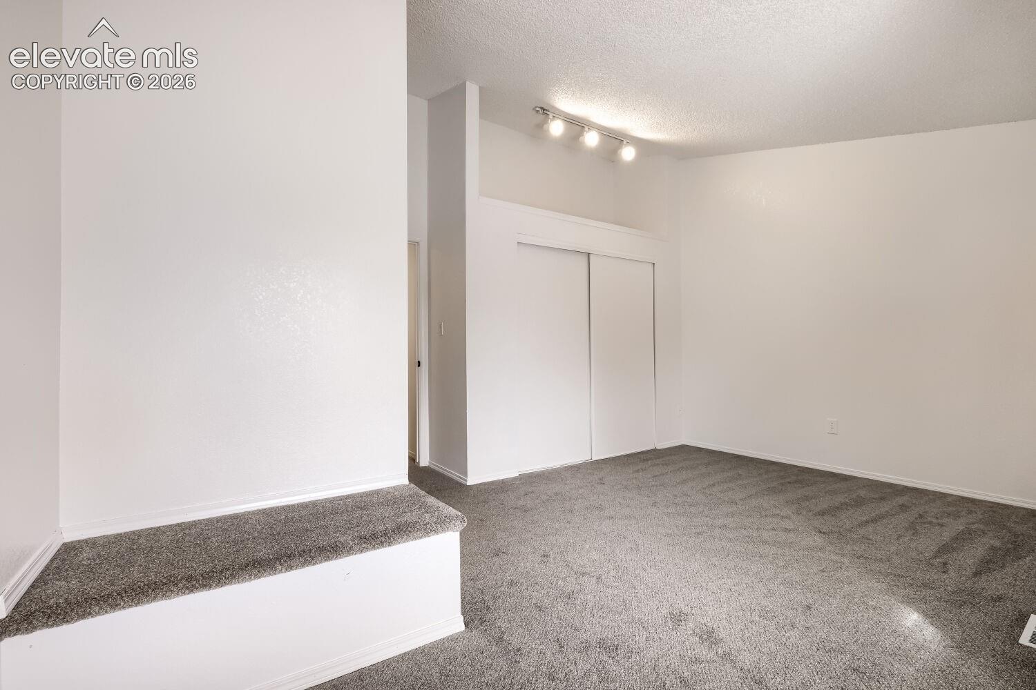Interior space featuring neutral-toned carpeting, a built-in elevated platform, sliding-door closet, and three-bulb track lighting