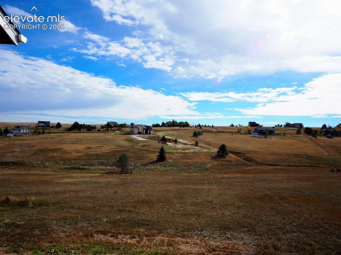 Expansive open landscape featuring rolling topography, prairie grasses, and scattered evergreen trees under a broad sky