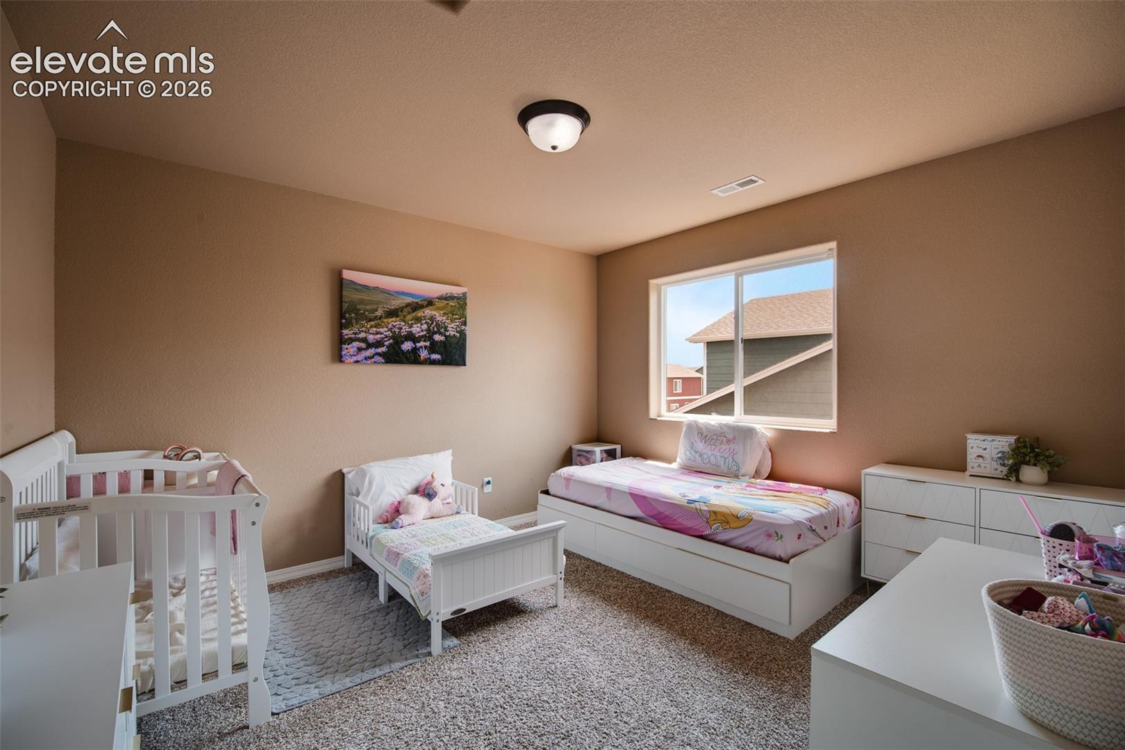 Upper Level Bedroom #2 has neutral carpet.