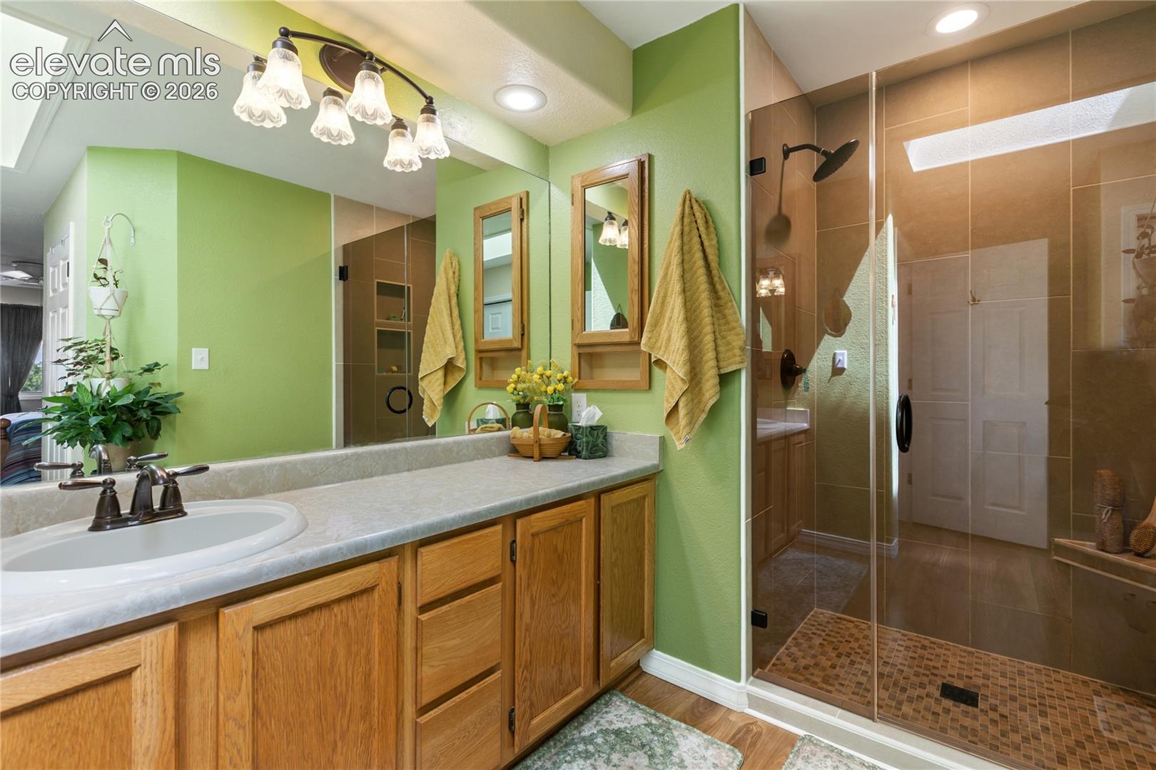 The primary bathroom has a spacious vanity and features a recently updated shower!