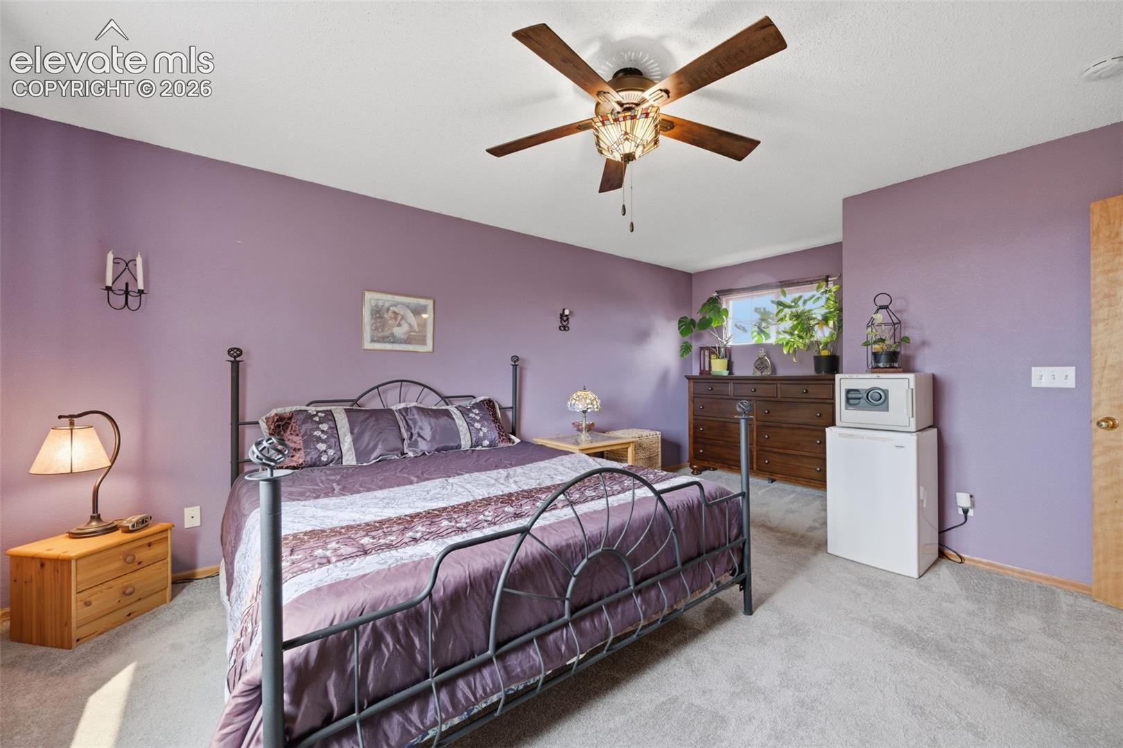 Primary Bedroom featuring a ceiling fan with integrated lighting, purple walls, and a window providing natural light