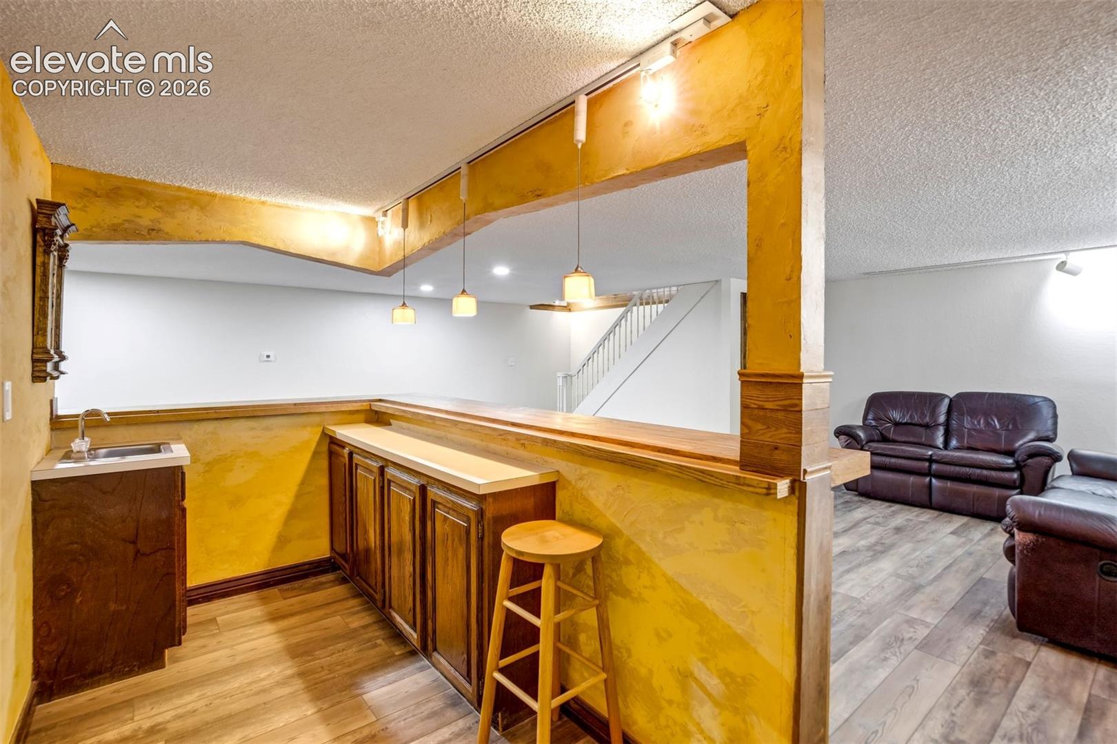 Lower level entertaining area featuring a built-in bar with dark wood cabinetry, a counter-height serving surface, and a wet bar with a stainless steel sink