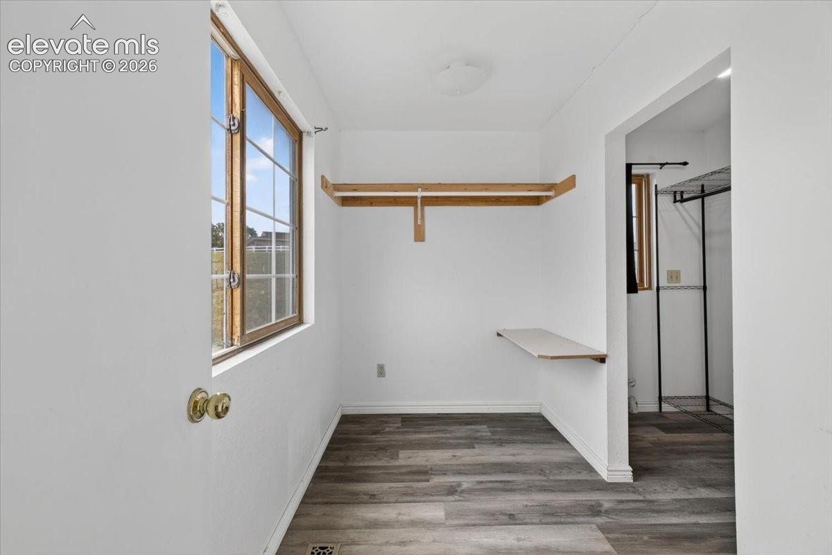 Primary closet - wood-finish flooring, multi-pane window with natural wood trim, and custom wall-mounted shelving