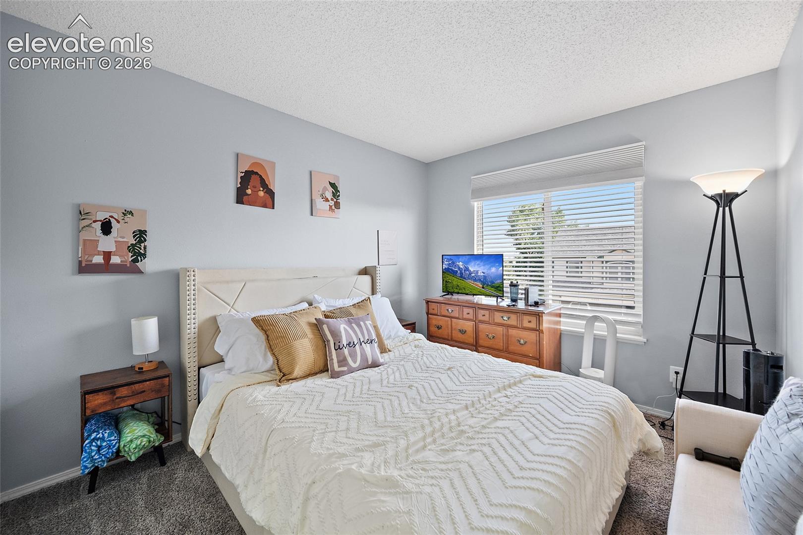 Carpeted bedroom with a window featuring horizontal blinds, light blue wall paint, and a textured ceiling