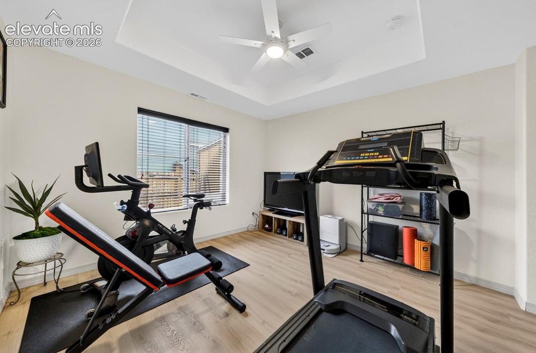 Main level, luxury vinyl, coffered ceiling, ceiling fan