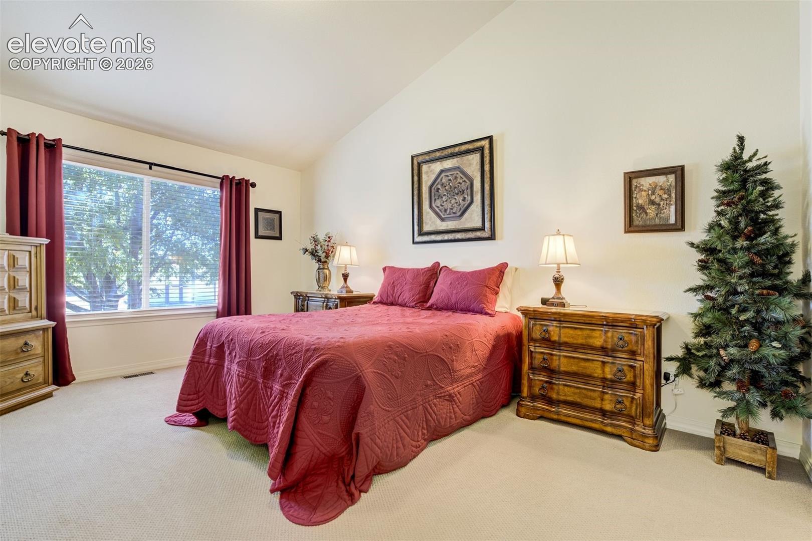 Vaulted ceiling, neutral wall-to-wall carpeting, and a wide window with a curtain rod