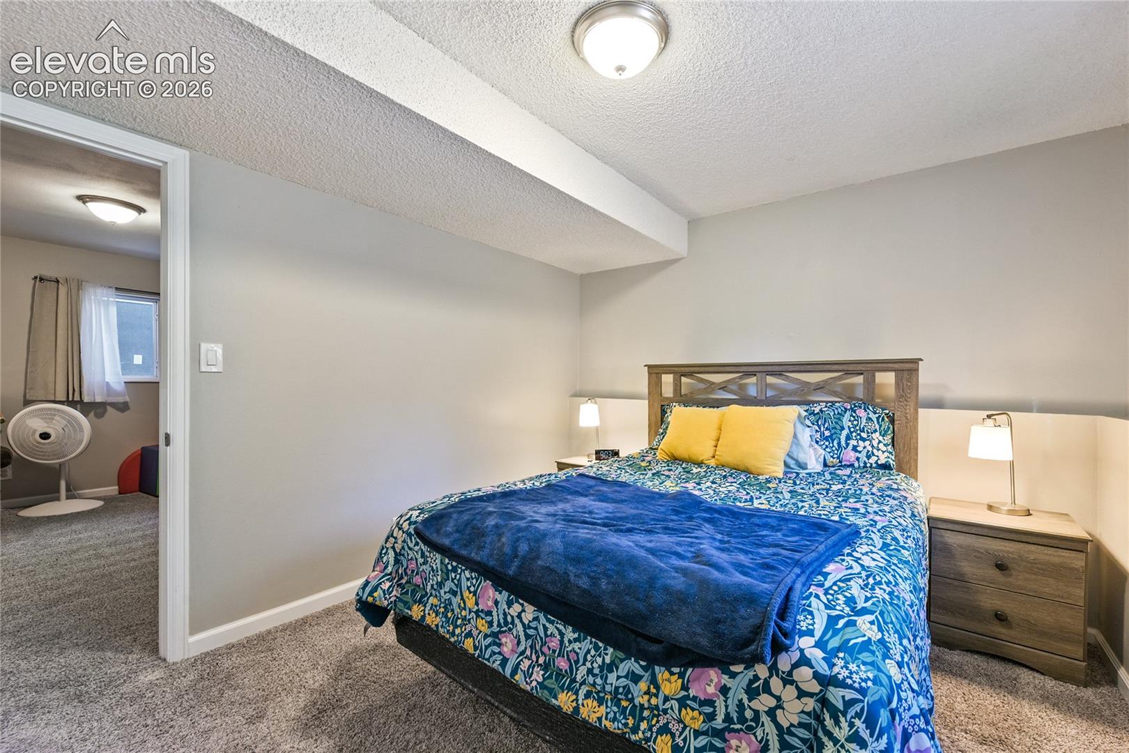 Neutral-toned walls, textured ceiling, flush-mount lighting, and wall-to-wall carpeting