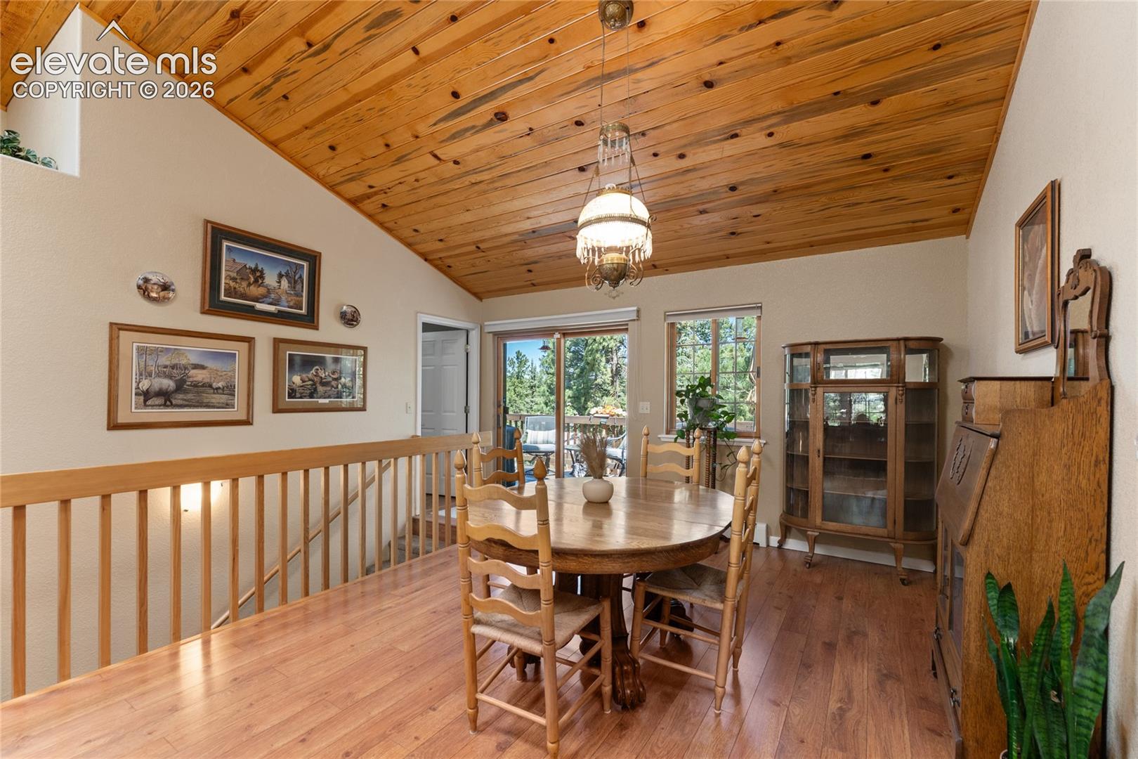 Vaulted wood-paneled ceiling with an overhead light fixture, wood-finish flooring, and a railing with vertical balusters