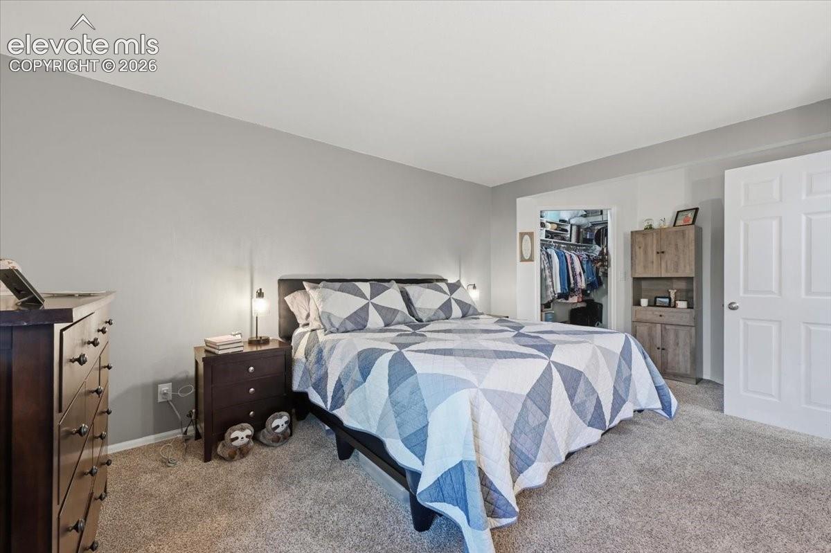 Neutral-toned walls, wall-to-wall carpeting, and a walk-in closet featuring built-in organizational shelving