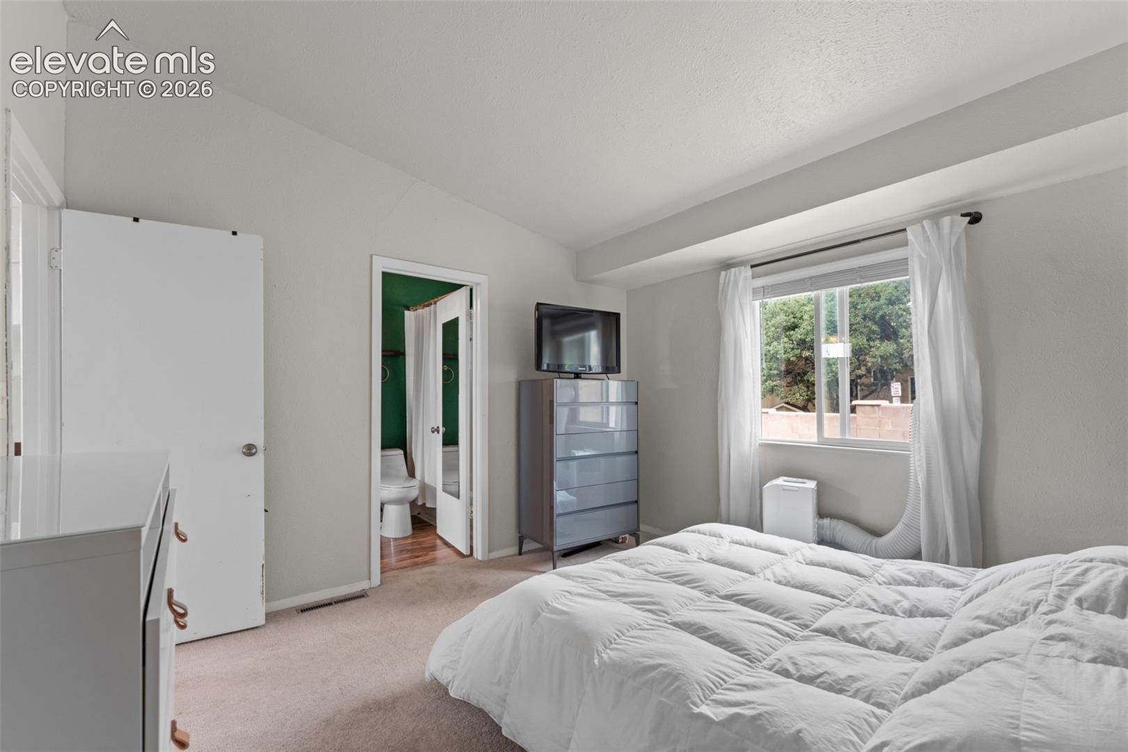 Recessed window with exterior scenery, carpeted flooring, and a hinged door