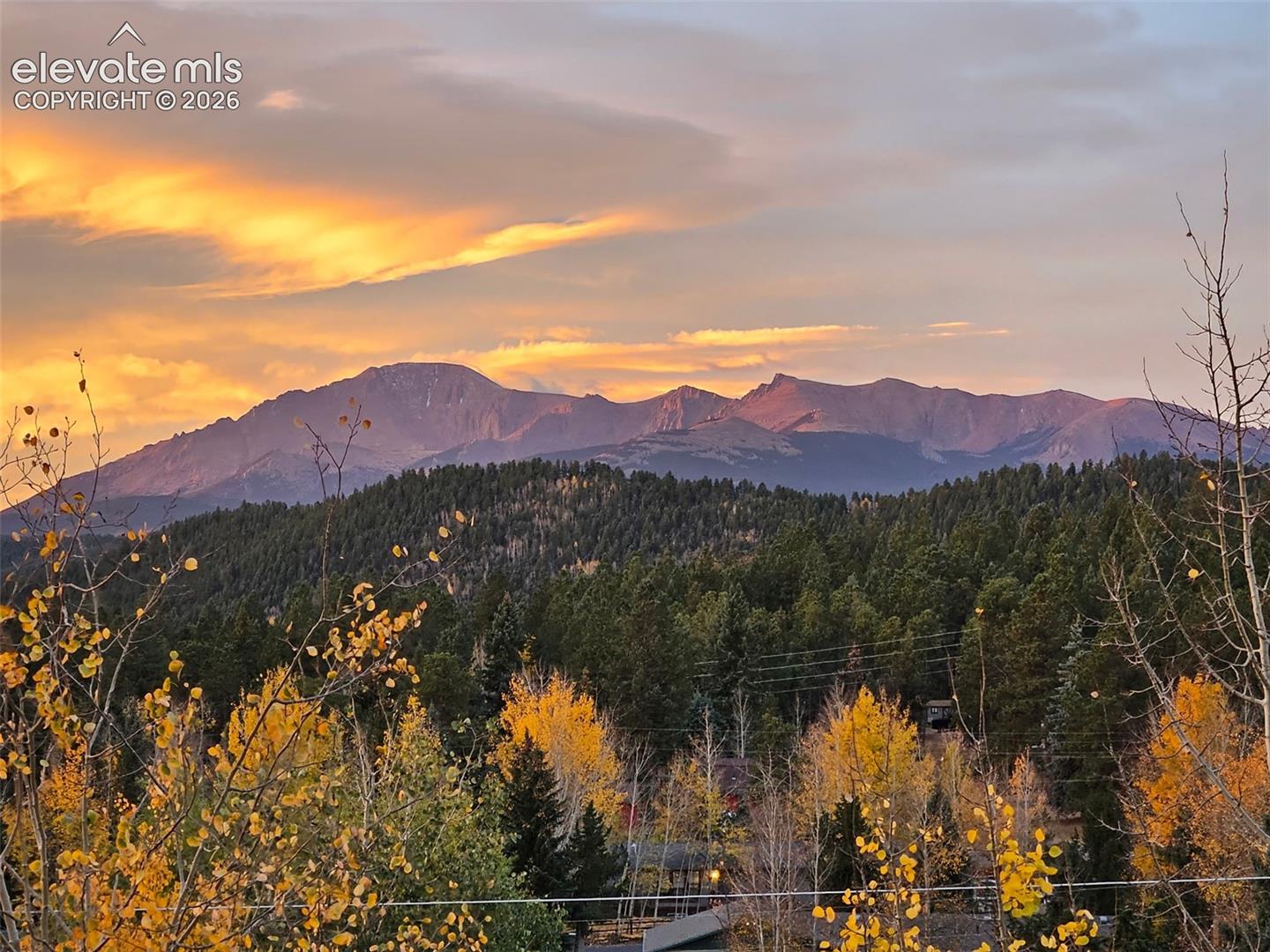 Mountain range backdrop with expansive forestland and vibrant autumn foliage