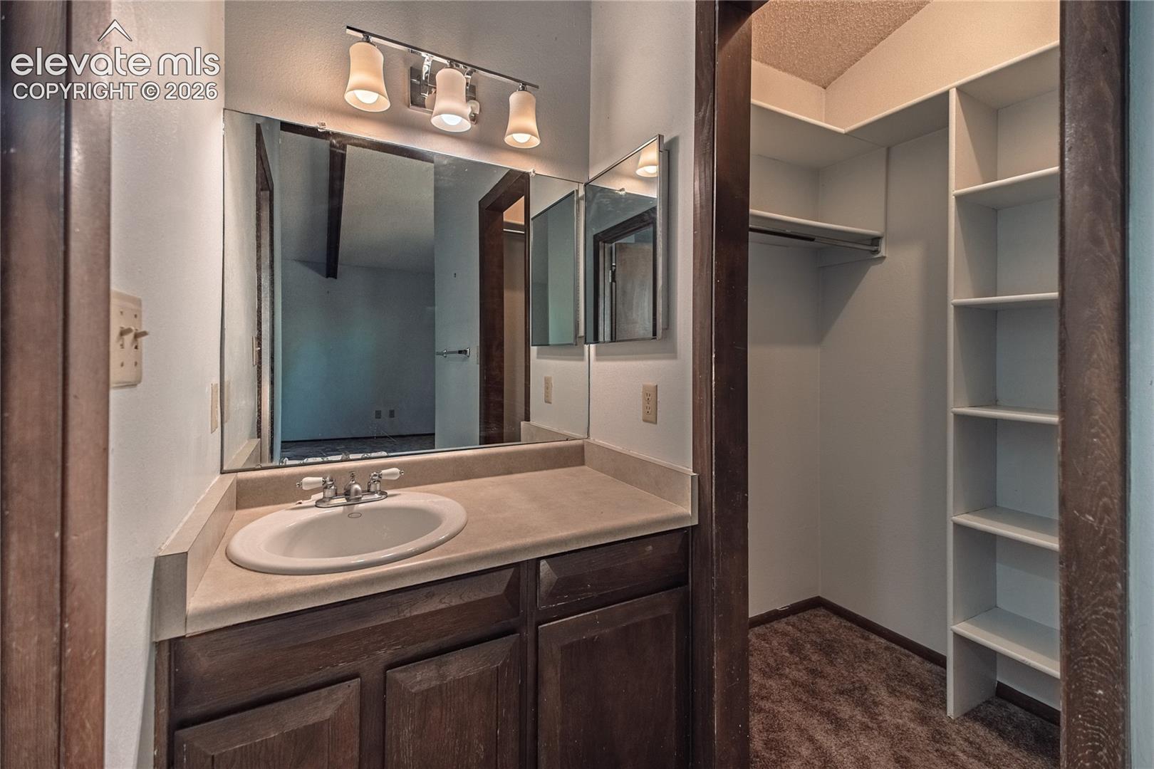 Vanity featuring dark wood cabinetry, a solid surface countertop, an integrated oval basin, a three-light fixture, and built-in walk-in closet shelving