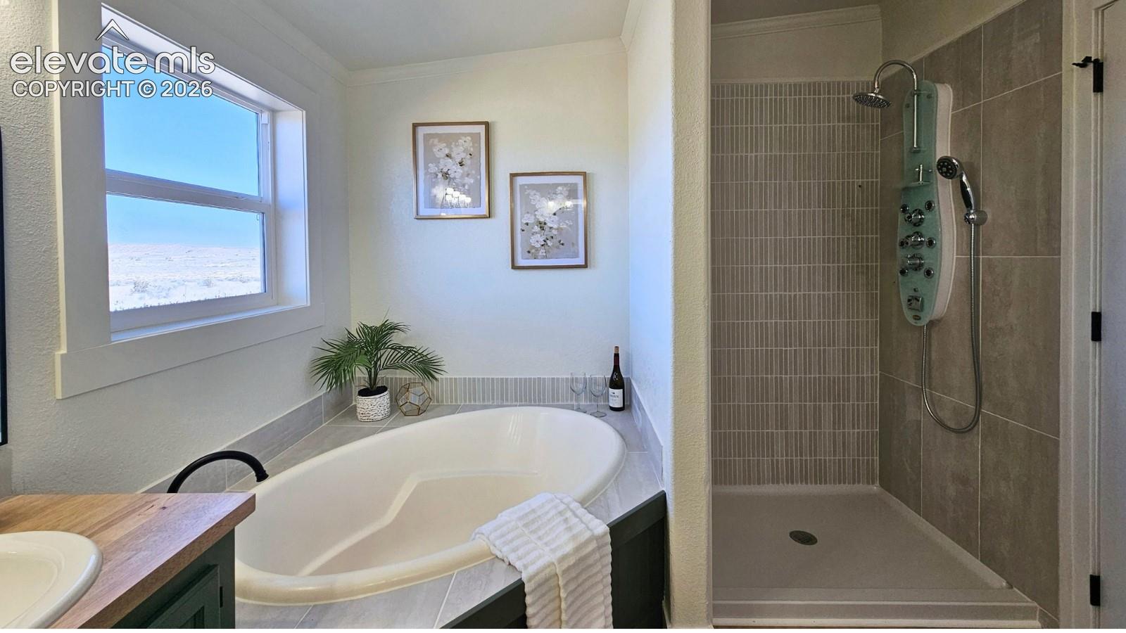 Oval soaking tub with tiled surround, walk-in shower featuring a multi-jet panel system and vertical accent tile, and wood-finish countertop
