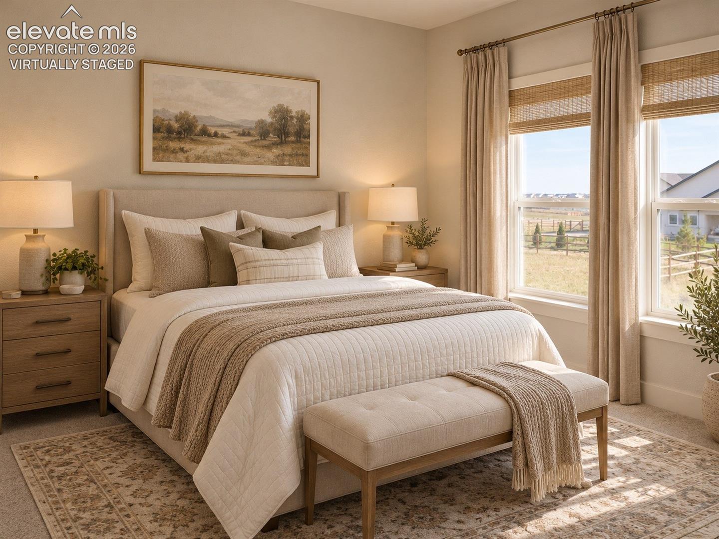 Virtually staged Carpeted flooring, expansive windows, an upholstered headboard, and dual built-in nightstands