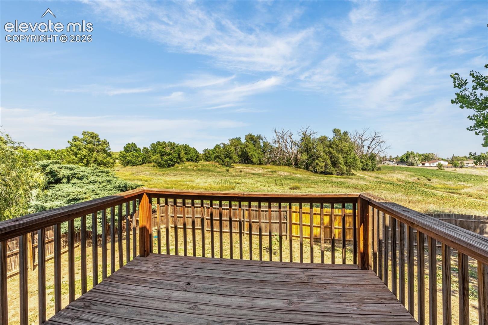 Elevated wood deck with a perimeter railing overlooking an expansive open space and mature trees