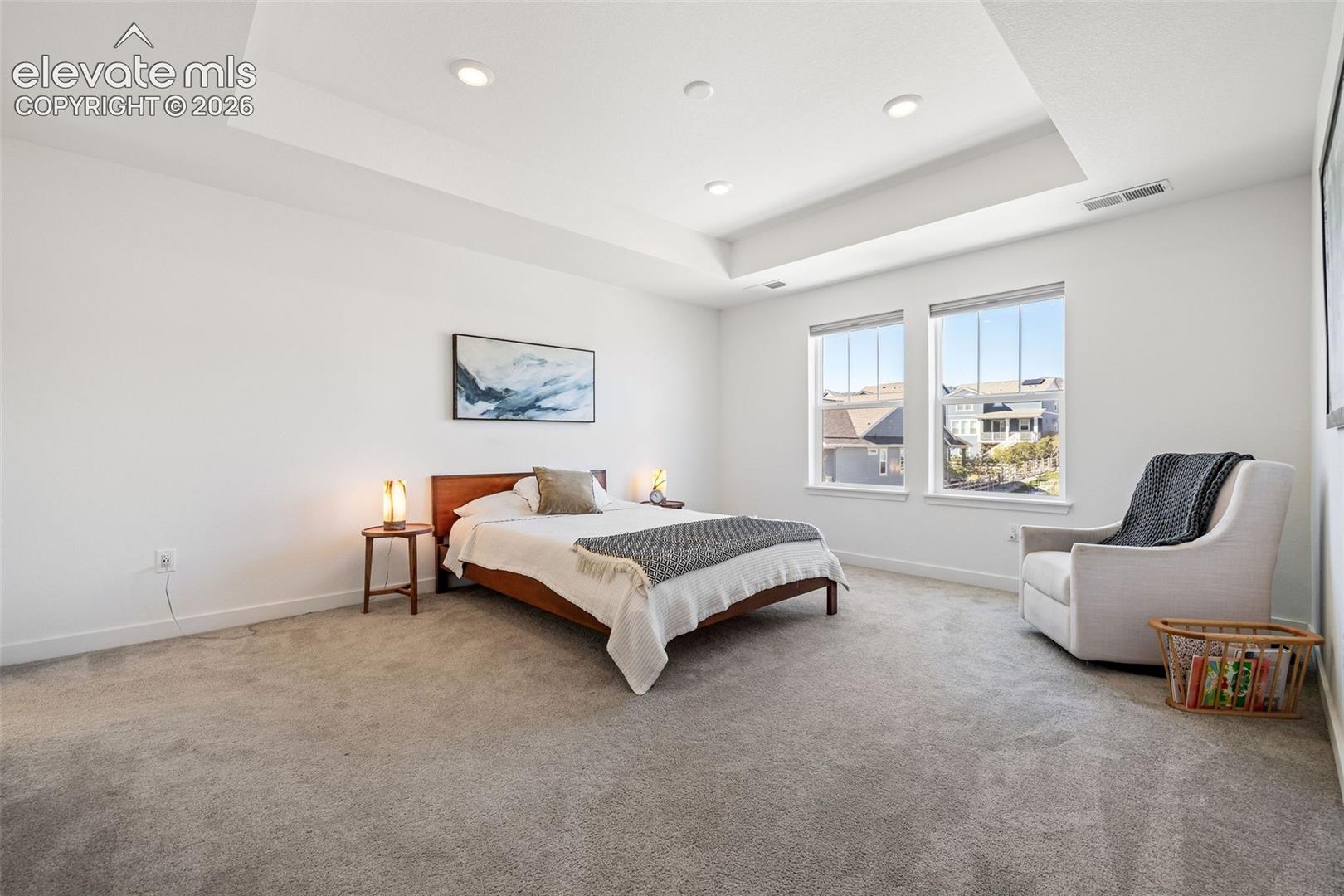 Recessed lighting, tray ceiling, two windows, and light gray carpeting