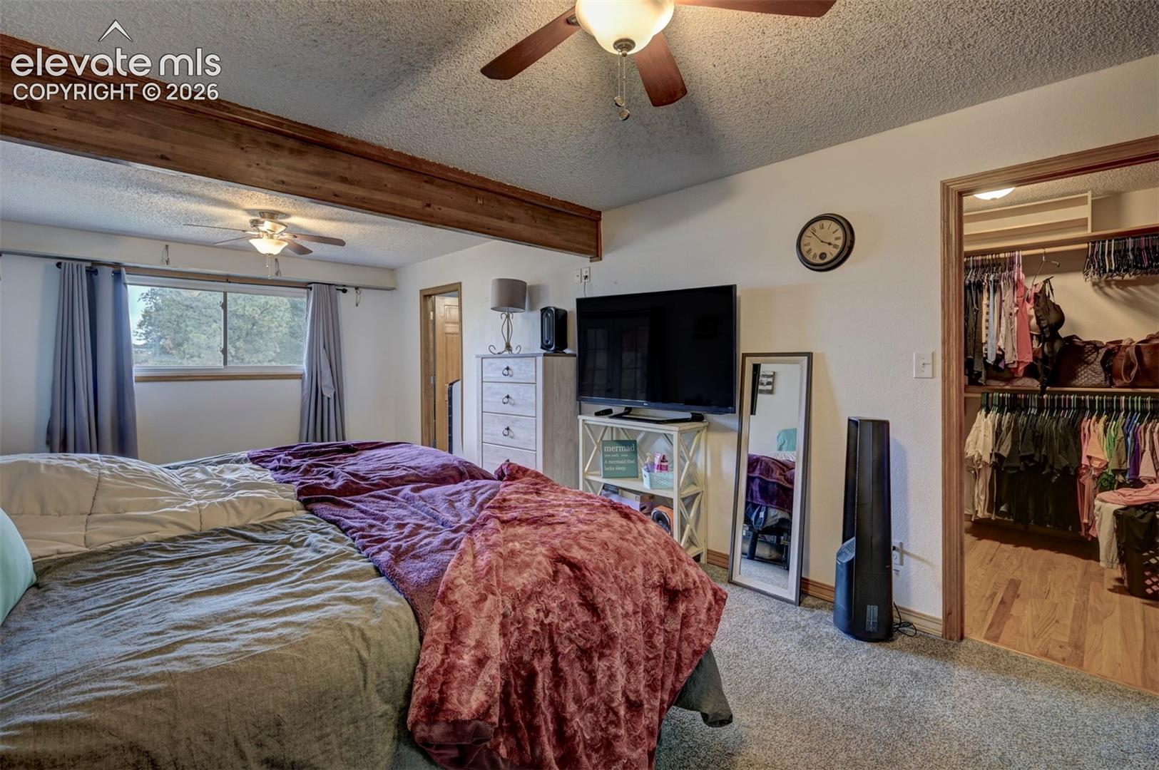 Exposed wood ceiling beam, ceiling fan, window with exterior scenery, carpet flooring, and a walk-in closet with wood-finish flooring