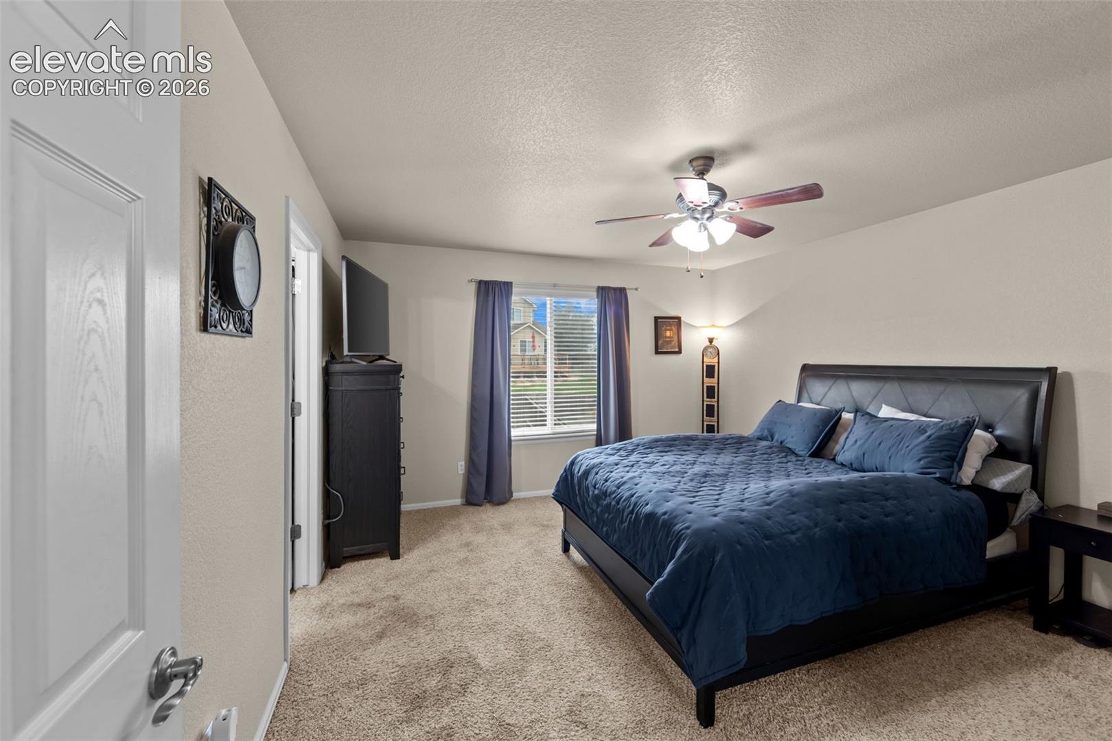 Carpeted interior with neutral wall tones and a window with horizontal blinds