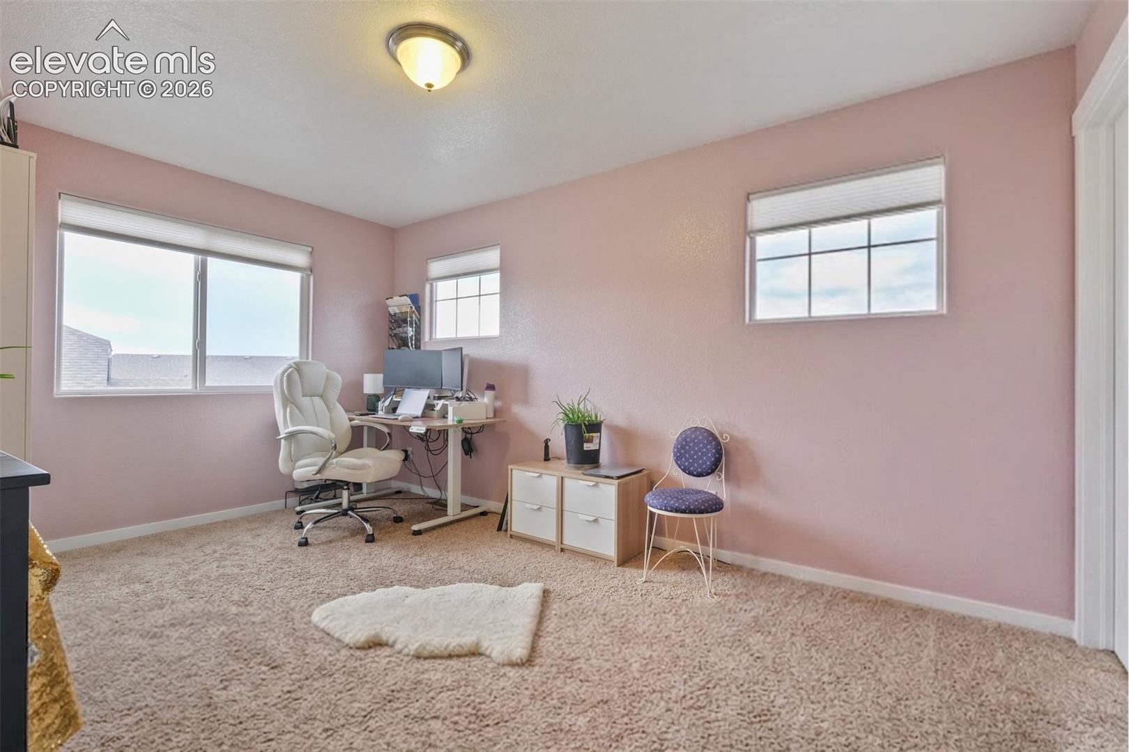 Upper Level: Carpeted bedroom featuring multiple windows