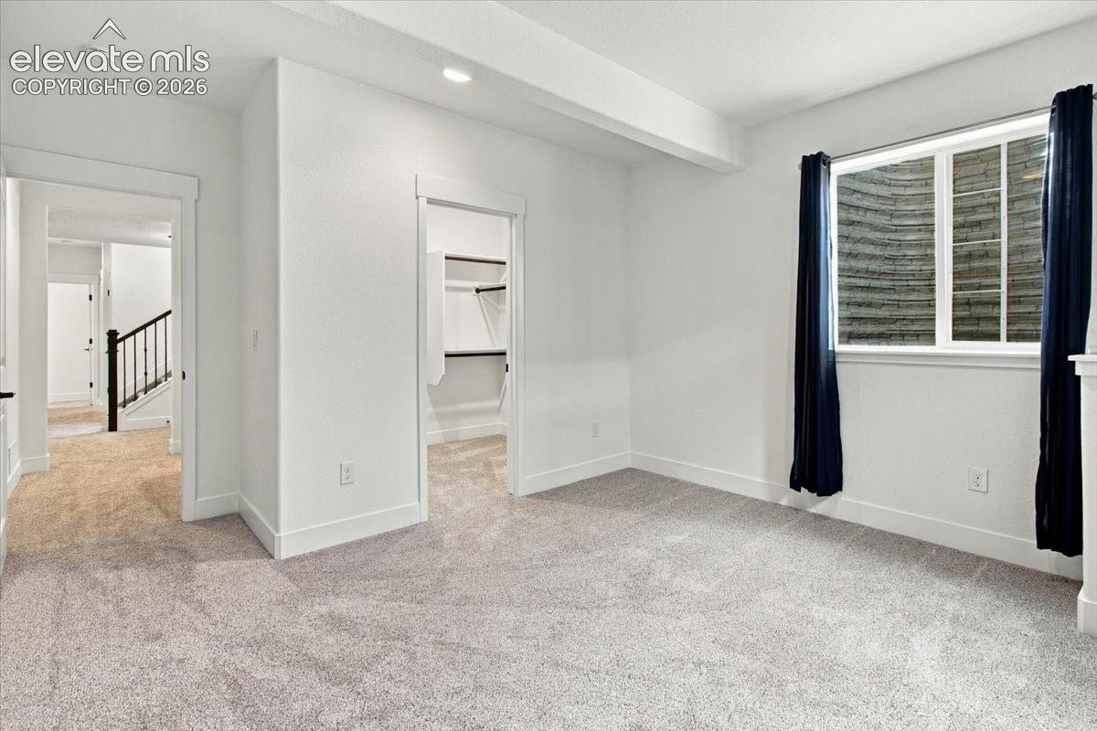 Neutral interior featuring wall-to-wall carpeting, an inset window with a corrugated metal egress well, a walk-in closet with built-in shelving, and recessed ceiling lighting