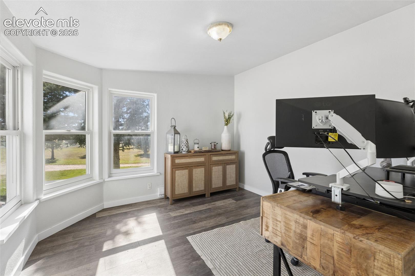 Bay window with multiple panes, wood-finish flooring, and flush-mount ceiling lighting