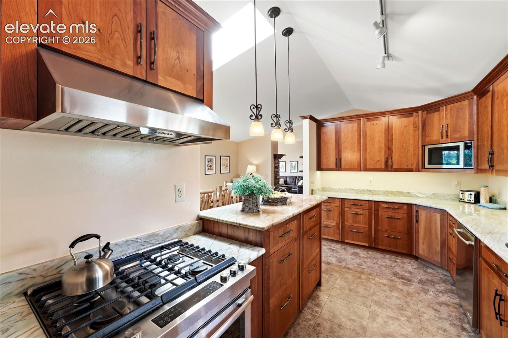 Vaulted ceiling with track lighting, wood cabinetry, stone countertops, and a built-in microwave
