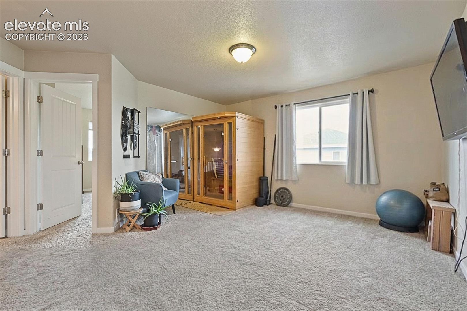Upper Level: Carpeted flex space featuring a ceiling-mounted light fixture and white trim