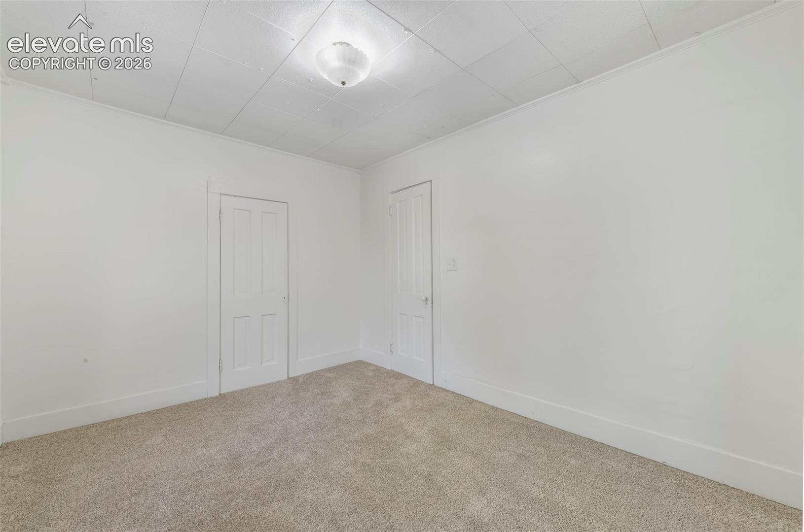 Interior space featuring wall-to-wall carpeting, paneled doors, and a ceiling-mounted light fixture