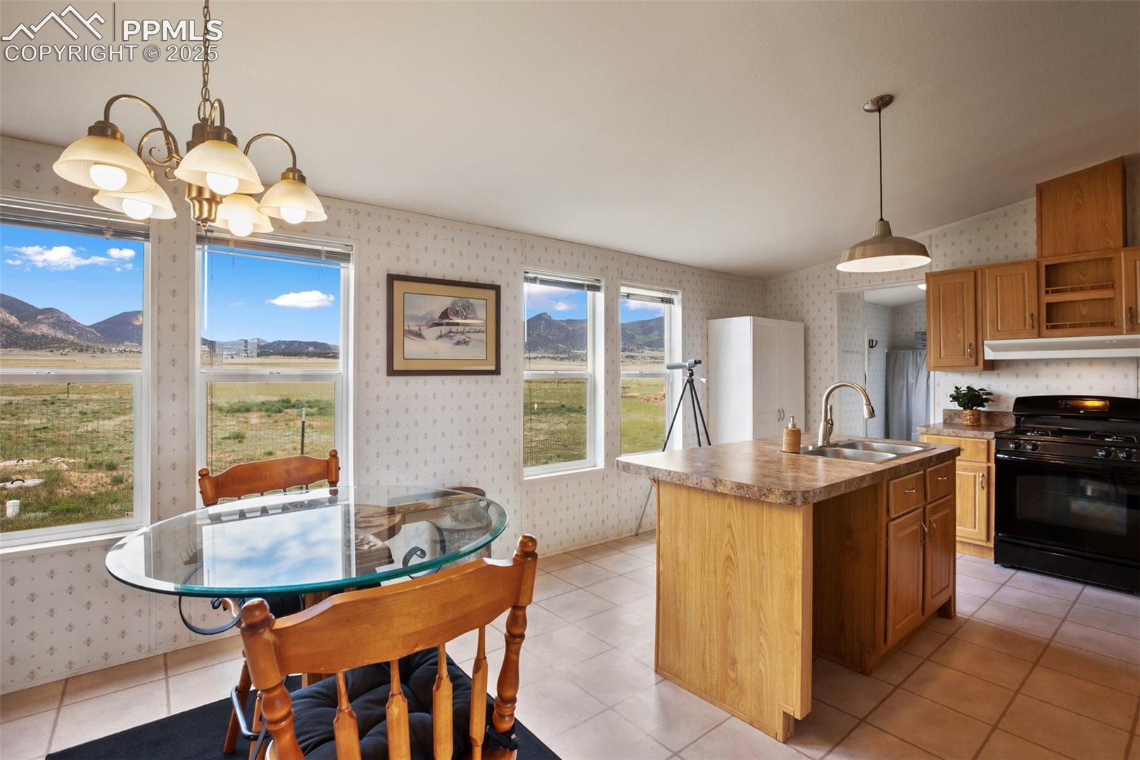 range hood, and an island with sink