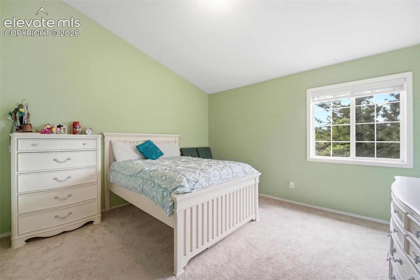 Carpeted room featuring a large window with white blinds, sloped ceiling, and light green walls