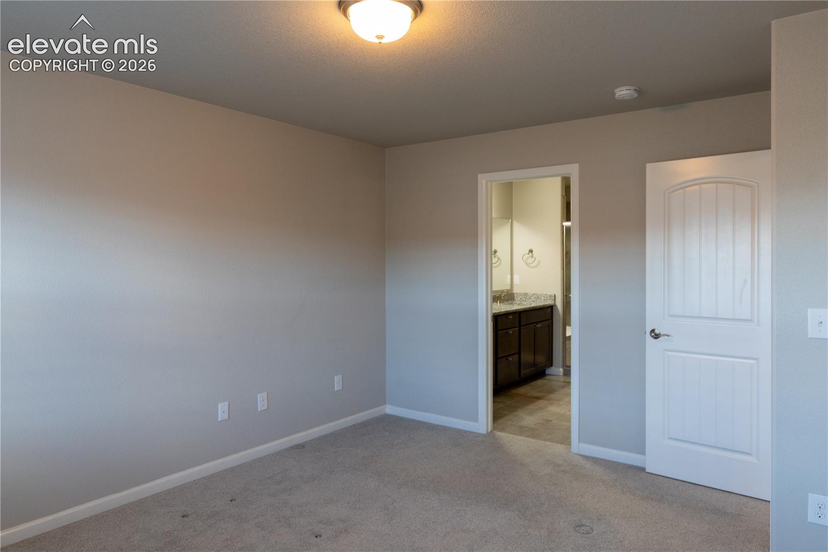 Neutral wall tones, carpeted flooring, flush-mount ceiling lighting, and a solid-core interior door