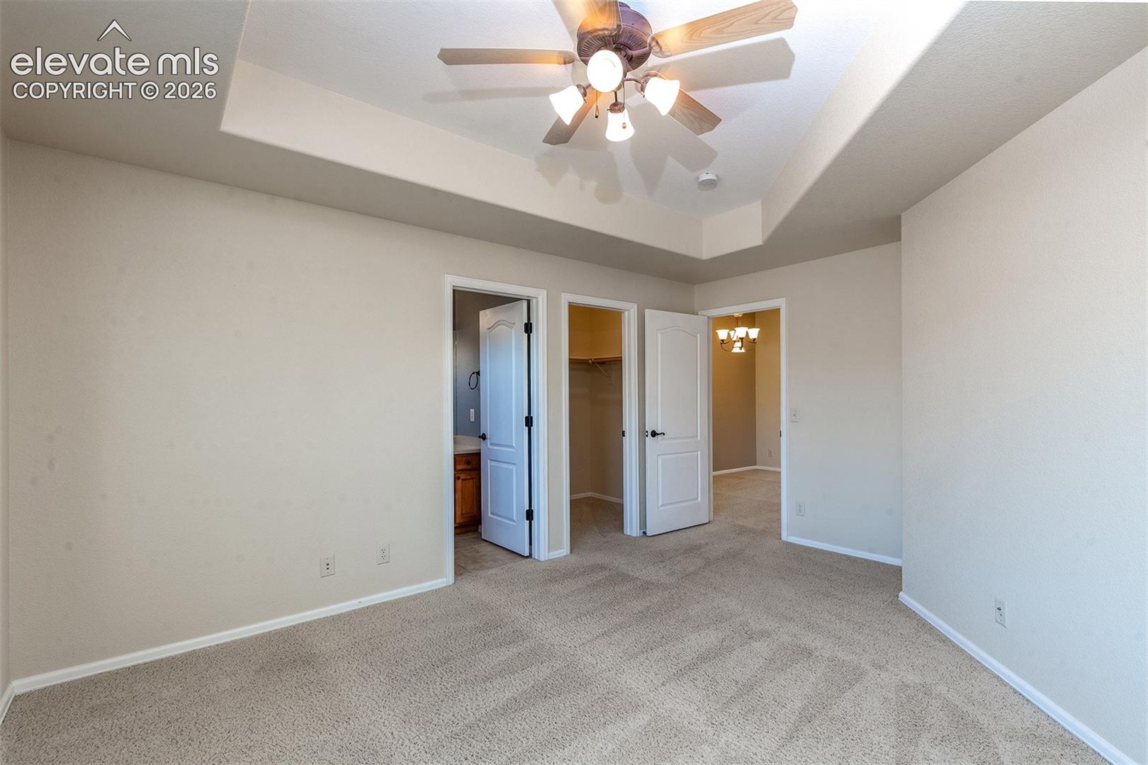Carpet in primary bedroom with ceiling fan and tray ceilings
