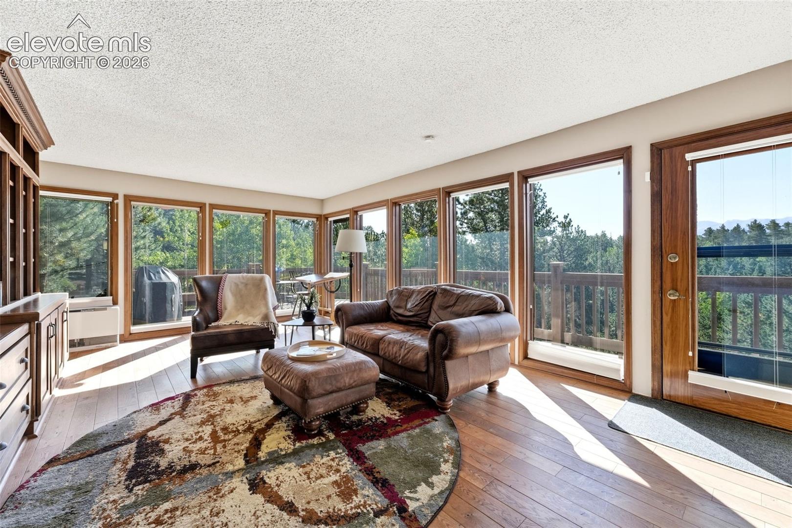 Wood-finish flooring, built-in cabinetry, and expansive windows