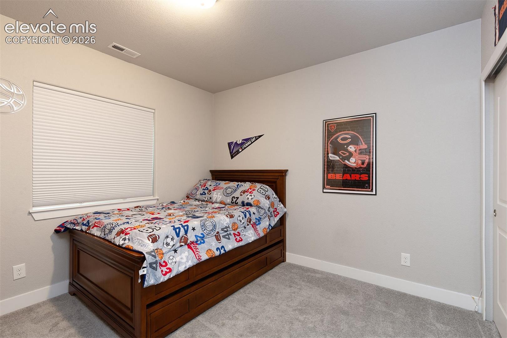 Neutral-toned walls, gray carpeting, and a white window with horizontal blinds