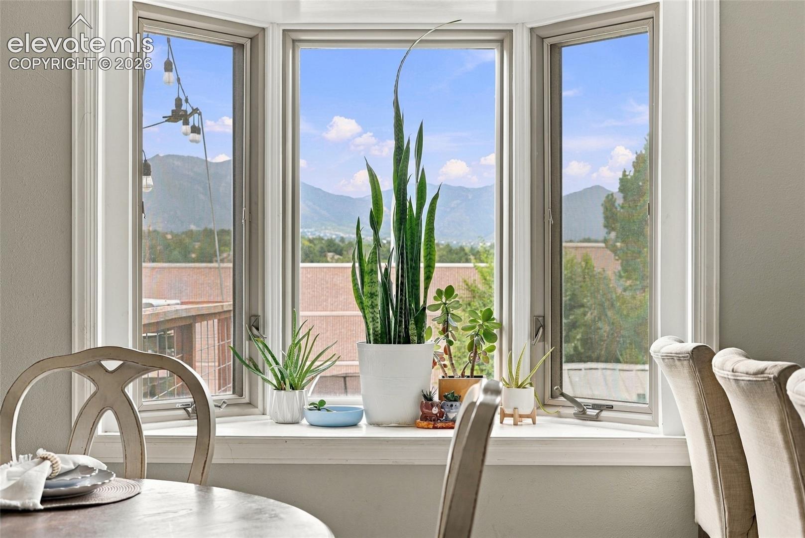 Bay window with mountain scenery and white trim