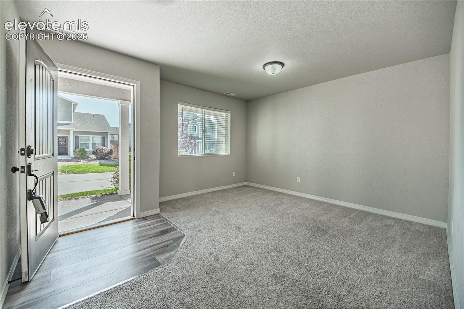 Entryway featuring wood-finish flooring transitioning to carpet, a window with blinds, and a flush-mount ceiling light