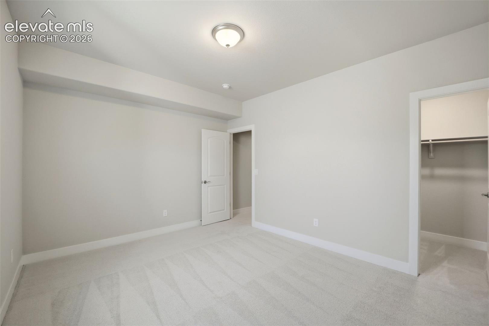 Neutral-toned interior featuring wall-to-wall carpeting, flush-mount ceiling lighting, and a walk-in closet with built-in shelving