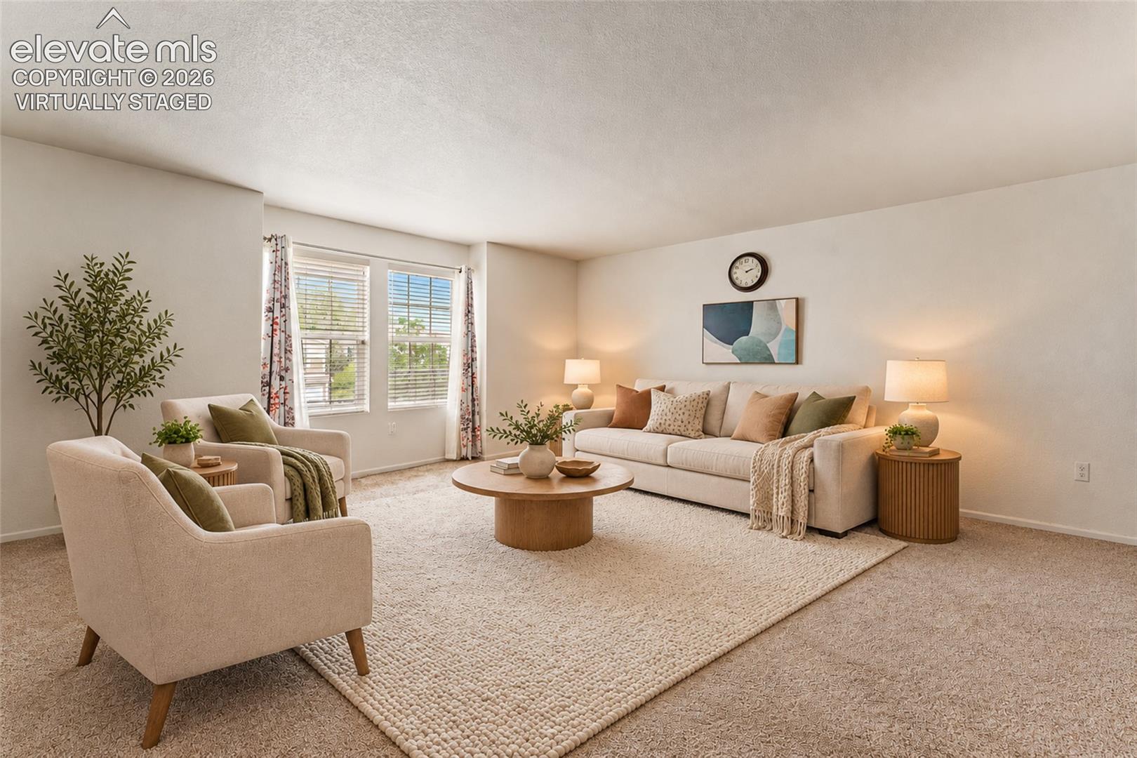 Virtually Staged Living area featuring neutral wall-to-wall carpeting and dual-pane windows