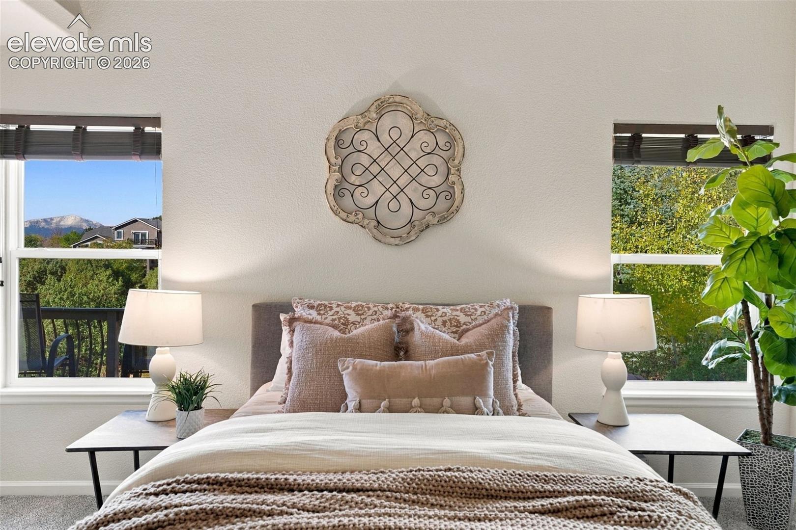 Dual windows with mountain landscape, neutral wall finish, and carpeted flooring