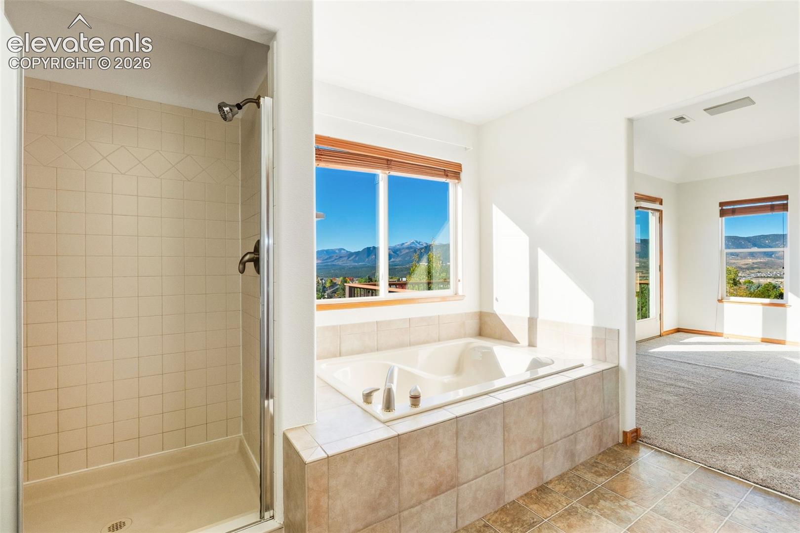 Built-in soaking tub with a tiled surround, glass-enclosed shower, and mountain scenery