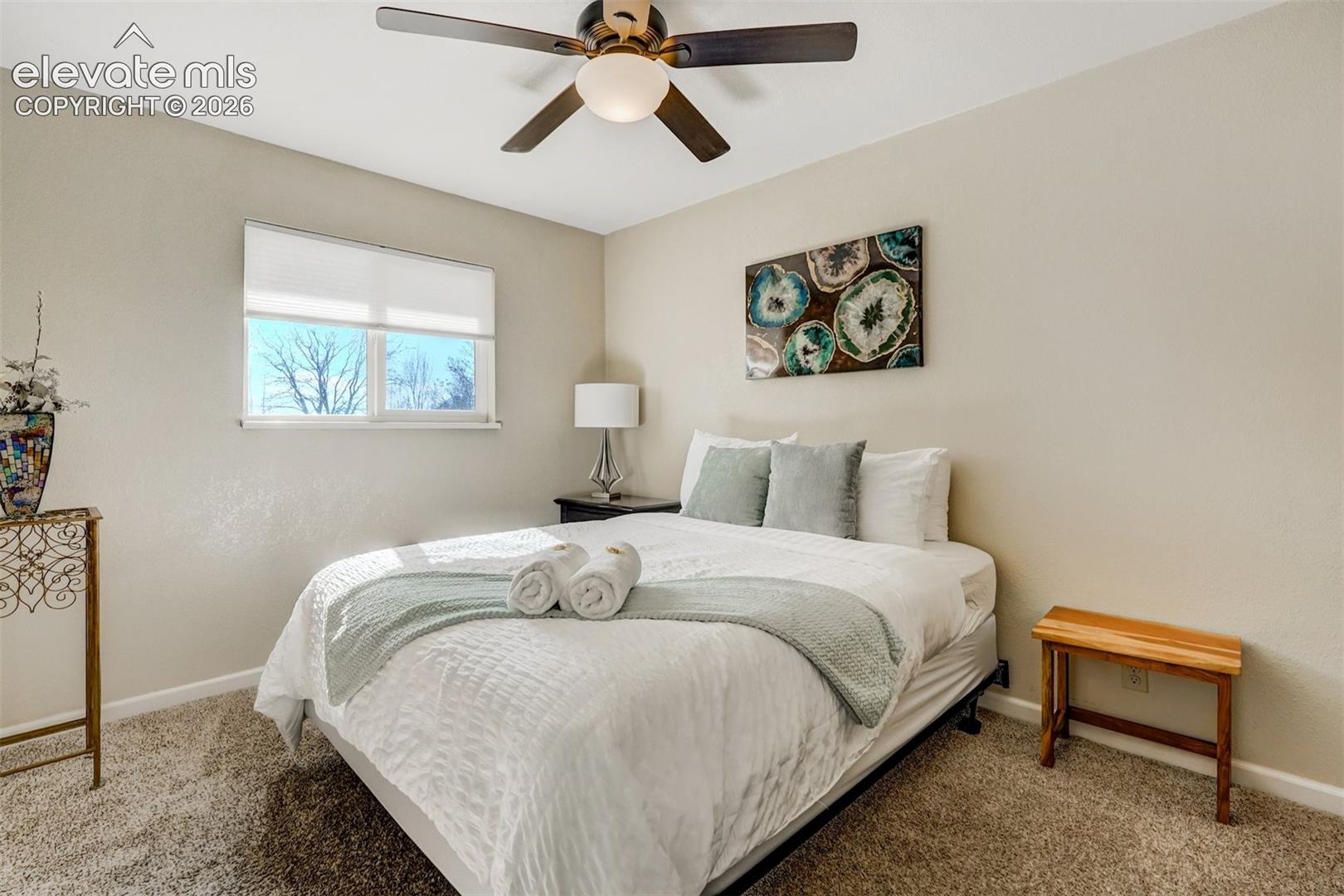 Wall-to-wall carpet flooring, neutral paint palette, and a ceiling fan with integrated lighting