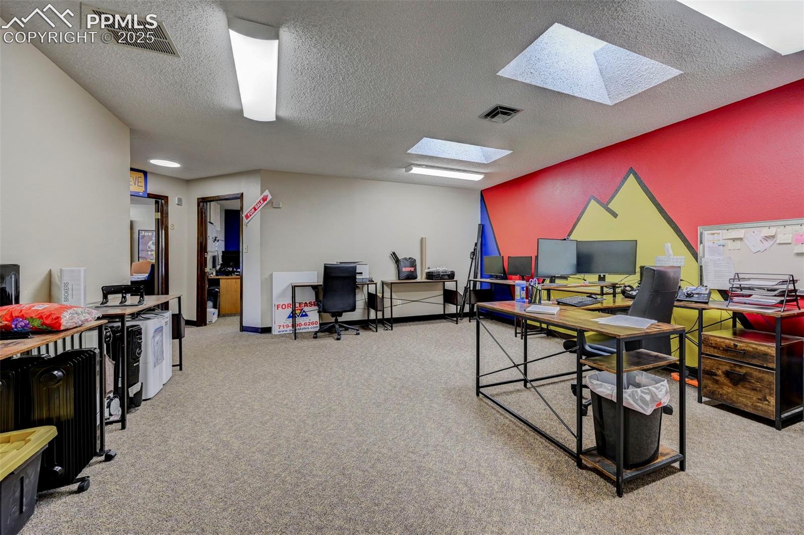 Carpeted office space featuring a skylight and a textured ceiling