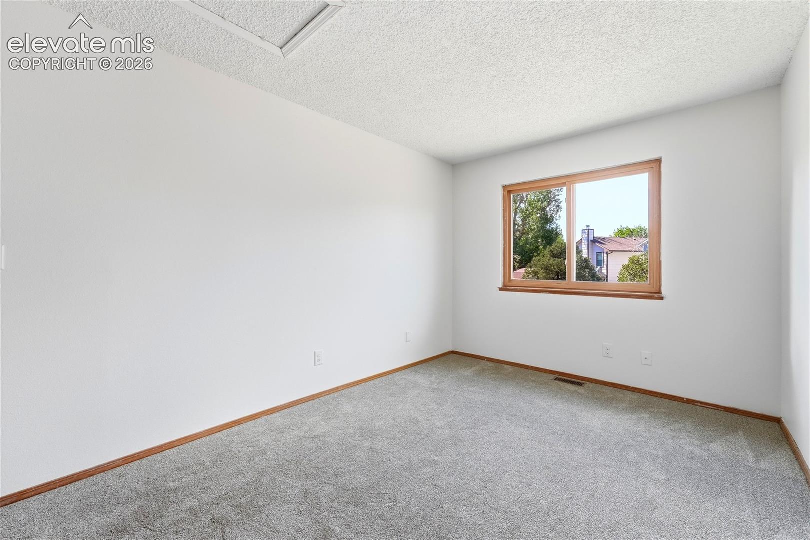 Neutral wall finish, carpeted flooring, faux wood vinyl window