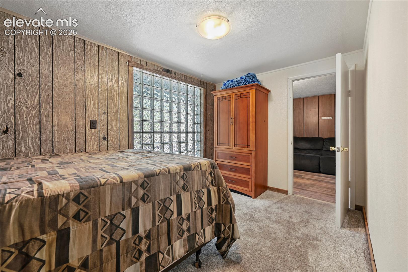 Wood-paneled accent wall, glass block window, recessed ceiling light, and neutral carpeting
