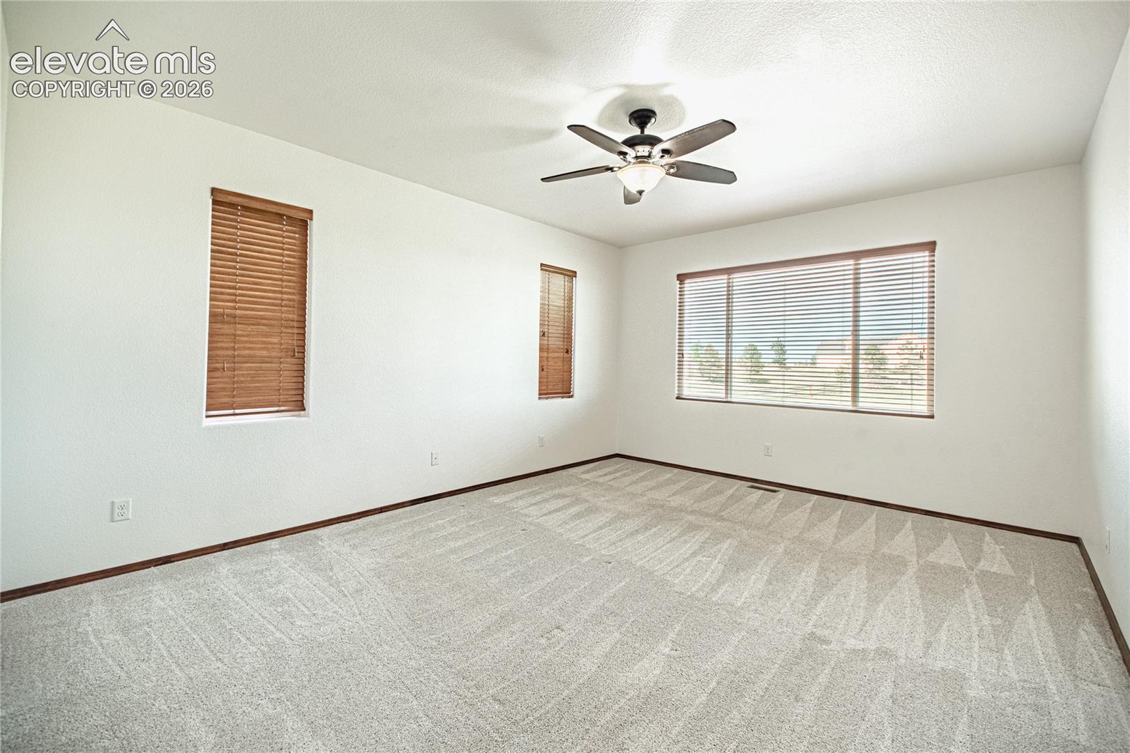 Spacious room featuring light-colored patterned carpeting, white walls, and dark wood trim