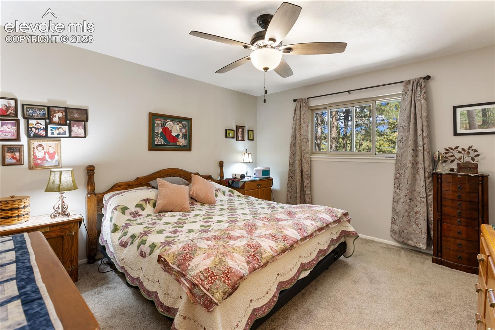 Neutral wall color, ceiling fan with integrated lighting, window with exterior foliage, and carpeted flooring