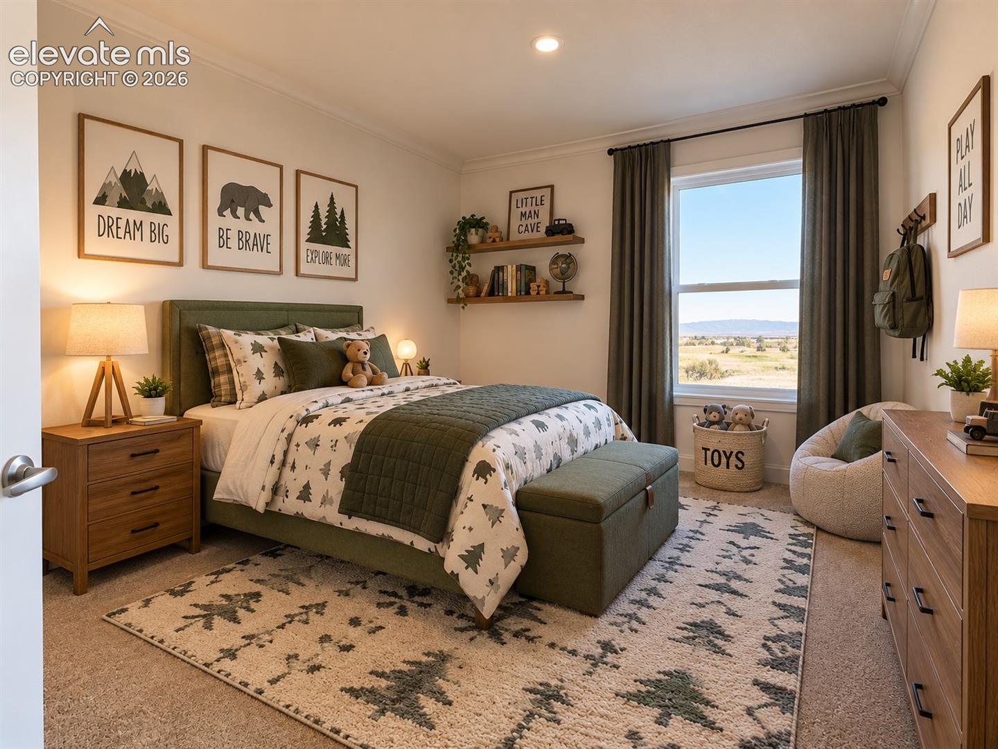 Bedroom – Comfortable secondary bedroom with soft carpeting, recessed lighting, crown molding, and a large window framing the open landscape and distant mountain views.